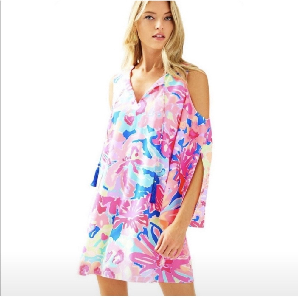 Lilly Pulitzer‎ Benicia Tunic Dress Playa Hermosa Slit Sleeves Tassels Size L - Picture 2 of 8